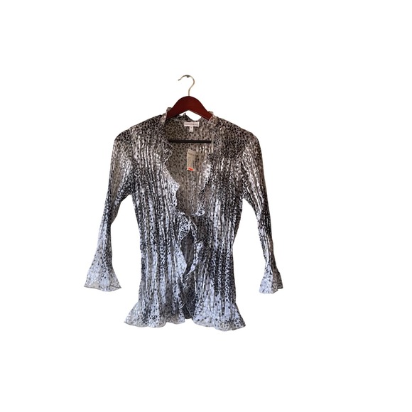 Fashion Bug Tops - NWT Y2k Womens Grey Black Animal Print Plisse Tie Front Ruffle Cardigan M